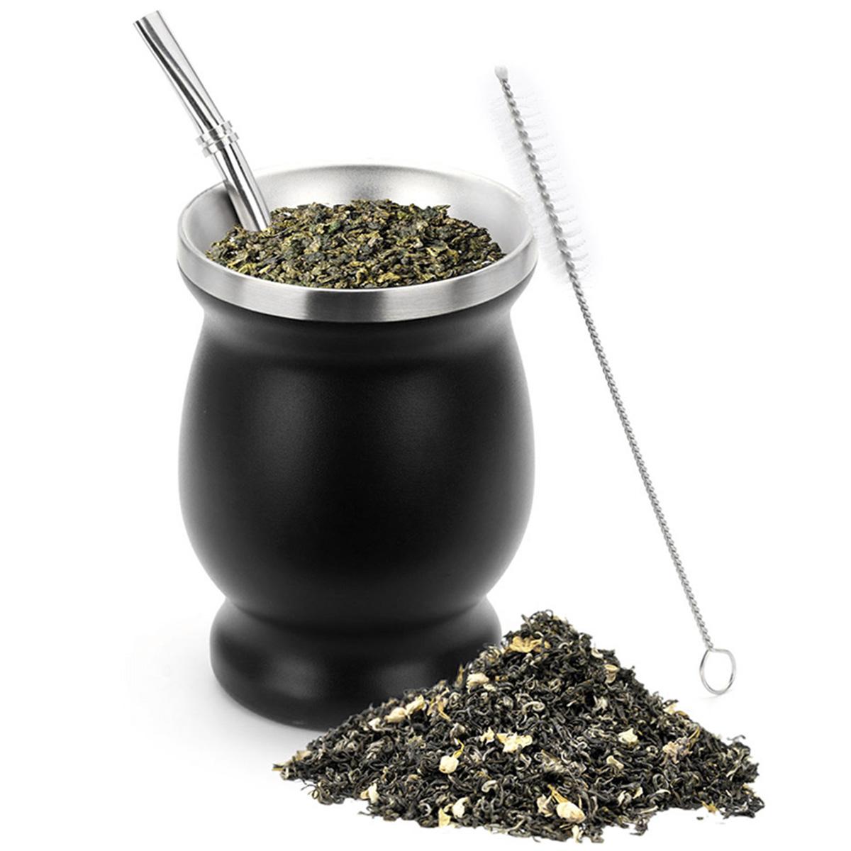 

230ML Stainless Steel Yerba Mate Cup Double-Walled Yerba Mate Gourd with Cleaning Brush Spoon Thermal Insulation Yerba Mate Cups чорний