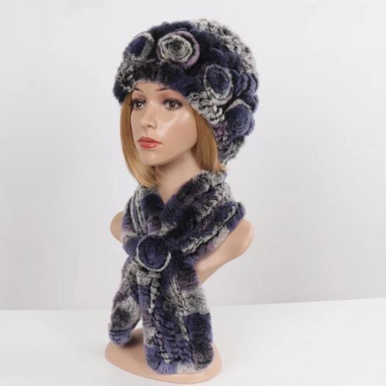 Hot Sale Lady Natural Fur Hats Scarves Sets Women Winter Knit Real Rex Rabbit Fur Hats Muffle 2 Pieces Real Fur Hat Scarf