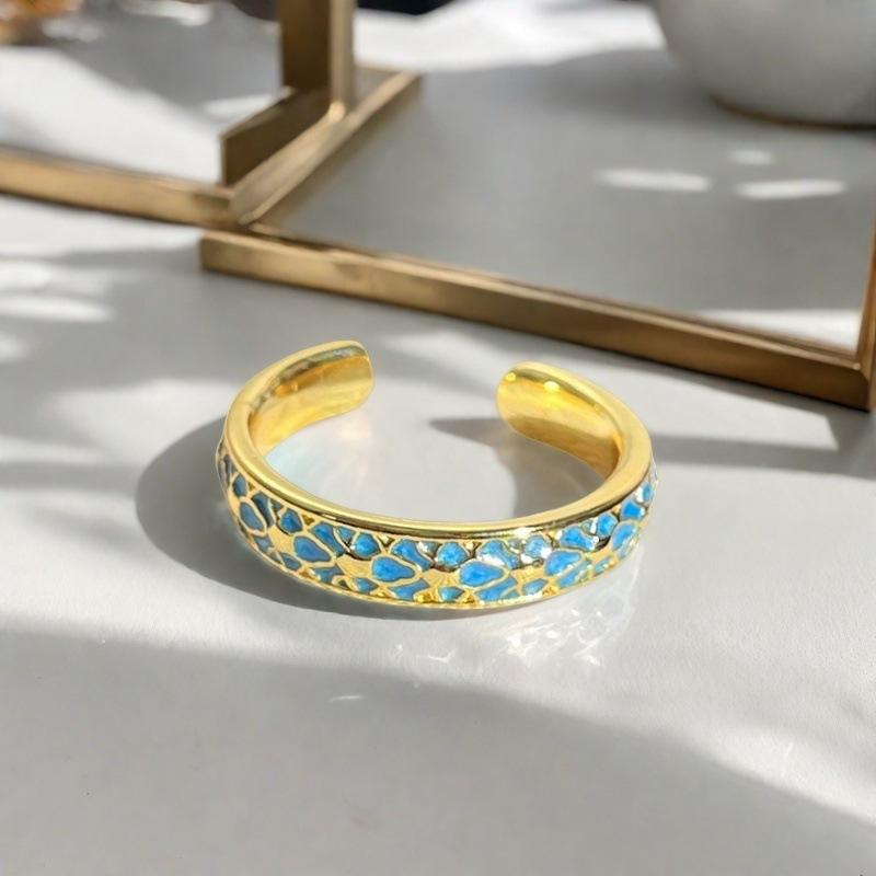 French Retro Enamel Dripping Open Ring, National Tide Texture Flower Niche Design Ring