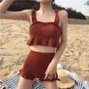 Conservative Knit Bikini Set Ruffle Trim Push Up High Waisted Boy Short Tummy Control Slimming Student Summer Beach Hot Spring Bathing Suit Swimwear