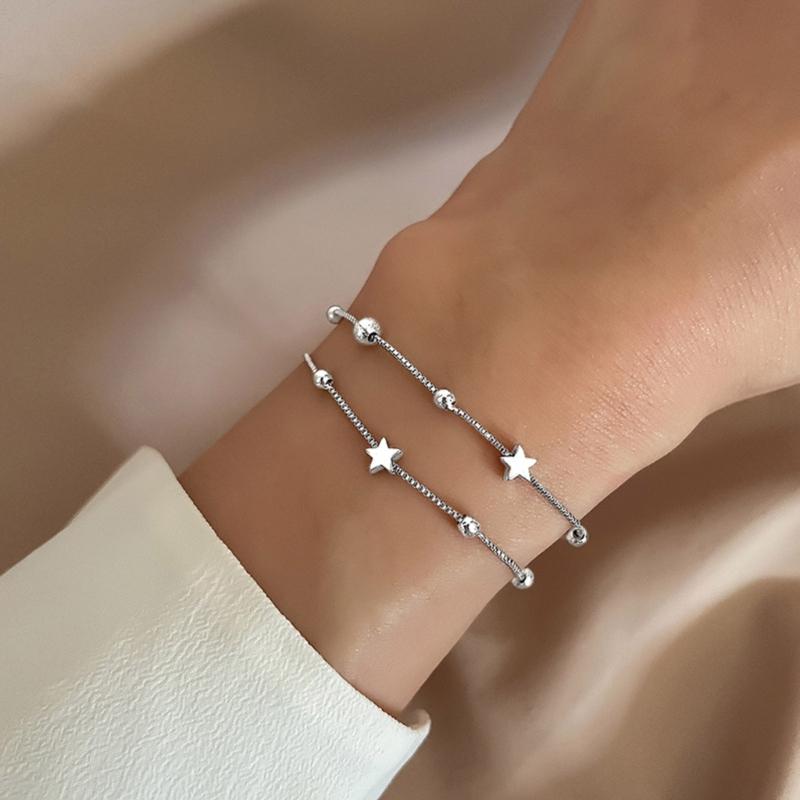 Double-layer Silver Color Small Star Bracelets for Women Personality Round Bead Bracelet Korean Fashion Jewelry