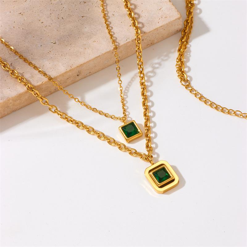 Gold Double Layer Square Emerald Necklace – Minimalist Vintage Jewelry, Growth Elegance Gift for Women