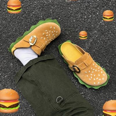 2025 Summer New Burger Boken Shoes Platform Leather Bag Head Drag Wear Half Drag Couple Men and Women Boken Shoes Trend