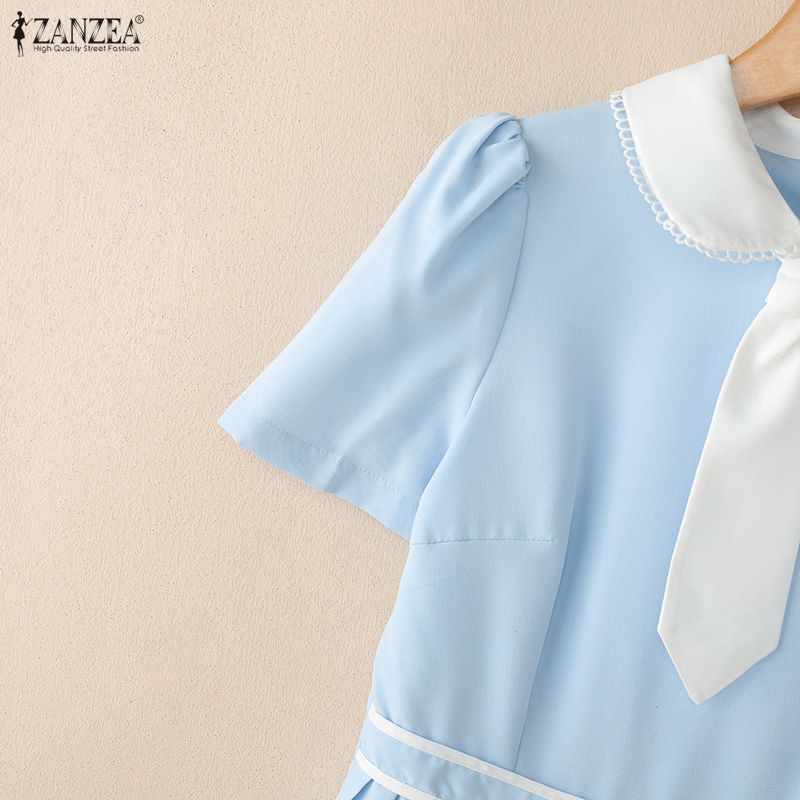 ZANZEA Women Splice Collar Casual Short Sleeve Elegant Pleated Dress