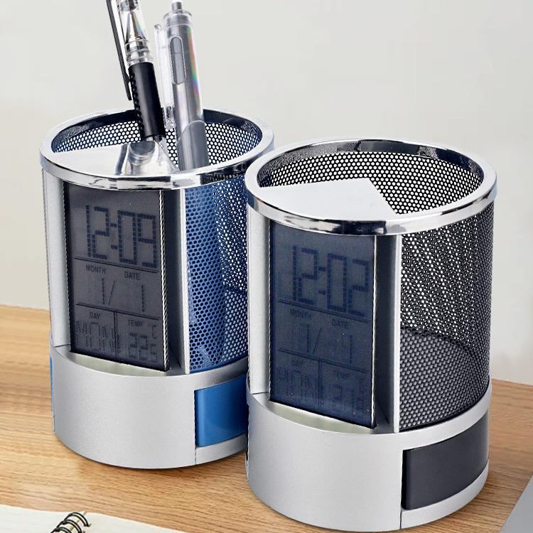 Multifunctional Metal Mesh Perpetual Calendar Pen Holder with Desktop Temperature Clock