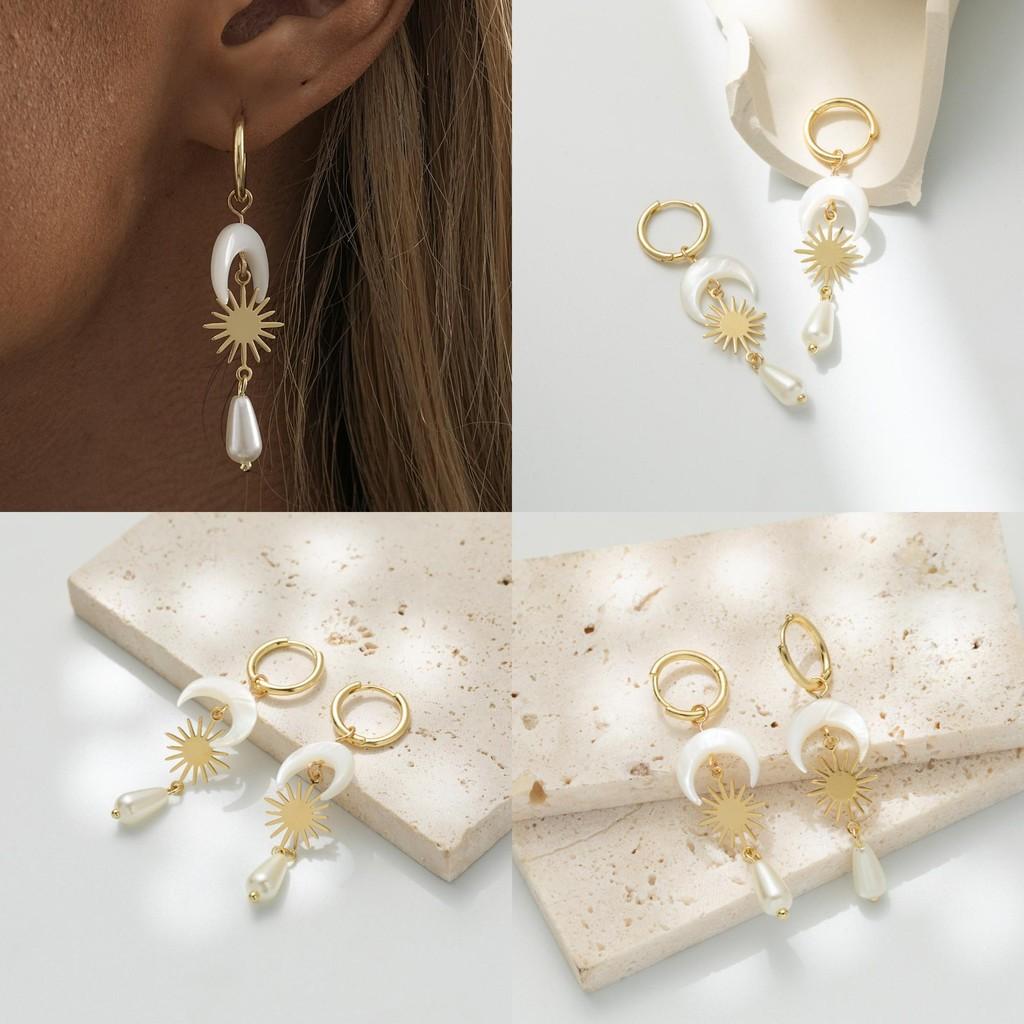 Unique Geometric Shell Earrings With Gold Plated Moon Teardrop Design
