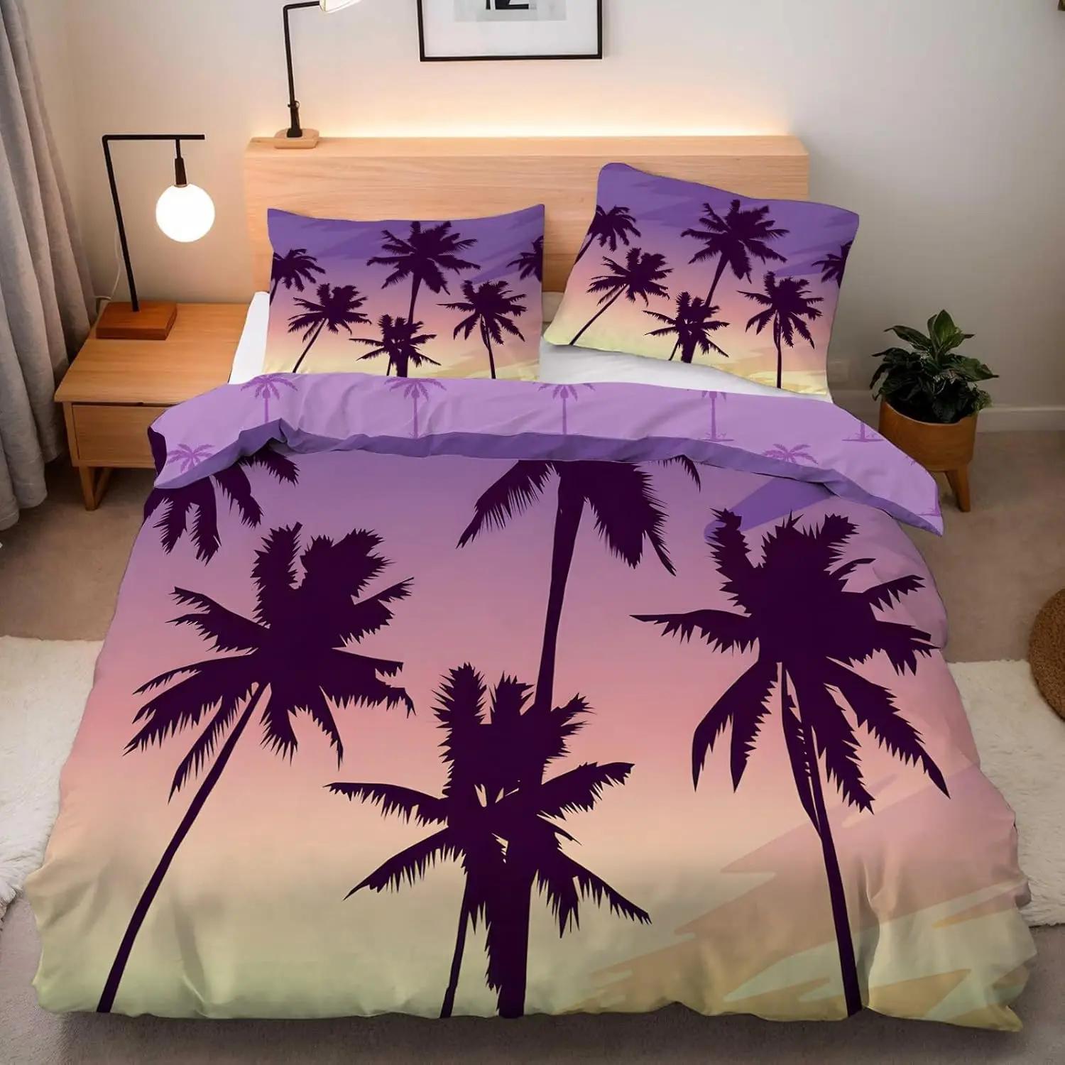 

Seaside Coconut Trees Single Duvet Cover Set, Microfiber Bedding Set with Zipper Closure and 1/2 Pillowcases, for Boys and Girls 70x133cm 2pcs&Duvet Cover