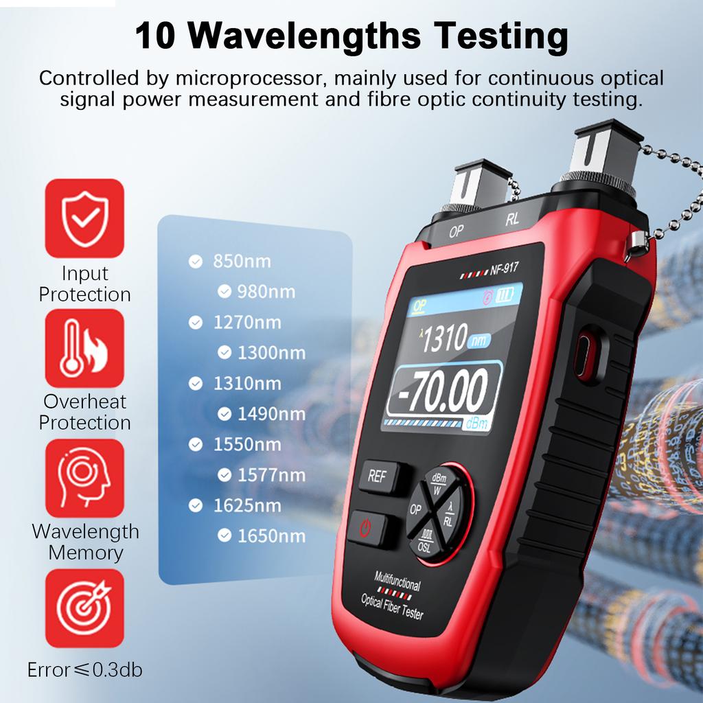 Optical Power Meter with Red Light, 10 Wavelengths, FC SC Connector, Fiber Optic Tester with LCD Screen Fiber
