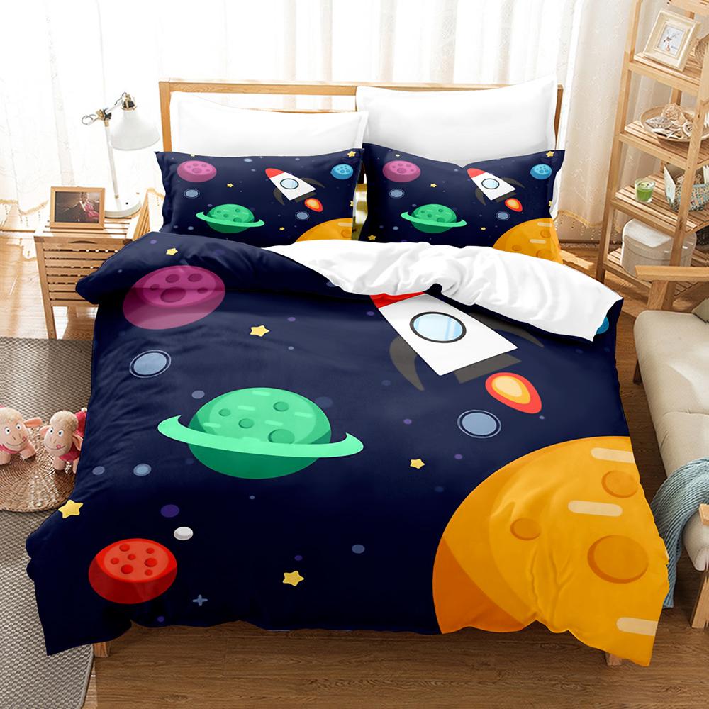 Space Bedding Boys Cute Space Alien Duvet Cover Green Rocket Ship Cartoon Planet Comforter Cover Black Bedding Set For Kid Teen