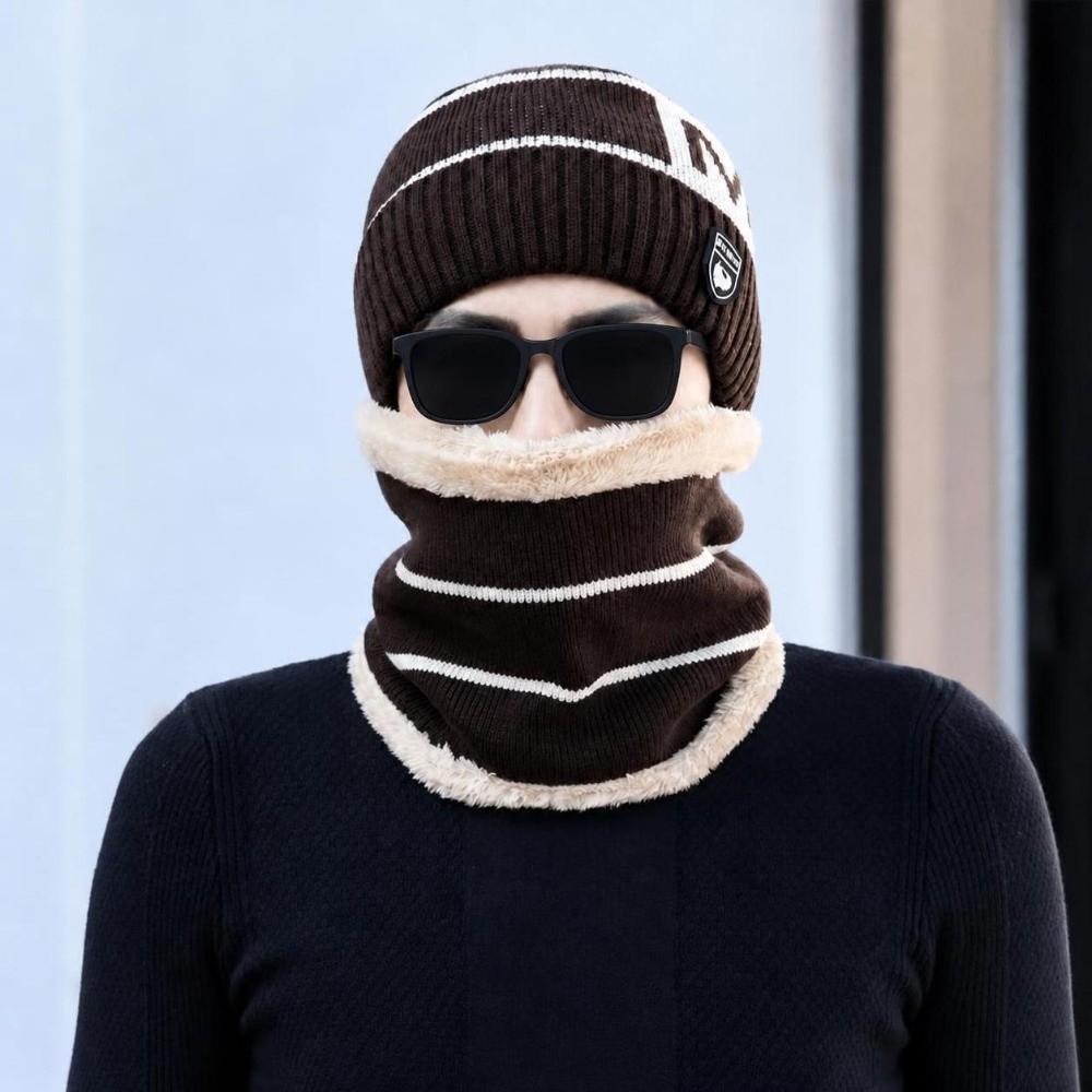 Windproof Knitted Beanie Set Plush Lined Hat Scarf Combo Fashion Winter Knit Headwear Set  For Men