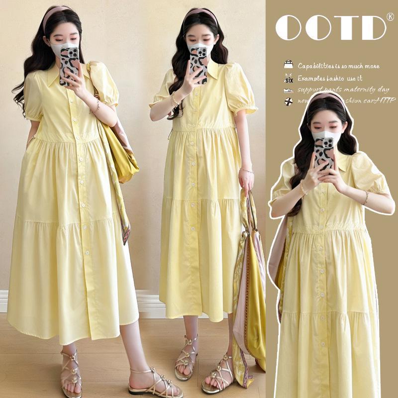 Yellow Polo Collar Maternity Shirt Dress - Trendy, Loose, Mid-Length Summer Style 2XL