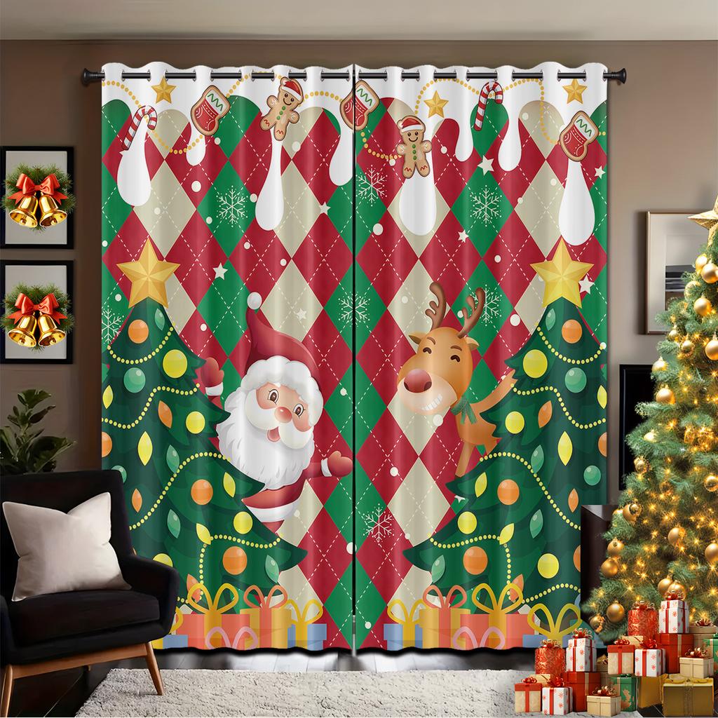Set Of 2 Cartoon Santa Claus Reindeer Print Curtain Insulation Living Room Holiday Decoration Multiple Sizes Blackout Polyester Ideal For