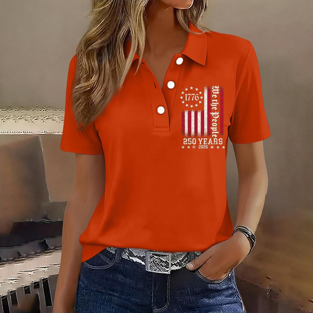 Damen Casual Knopf Kurzarm Poloshirt 250. Jubiläum Aufdruck Oberteil Unabhängigkeitstag Stil Leichtes Weiches Gewebe