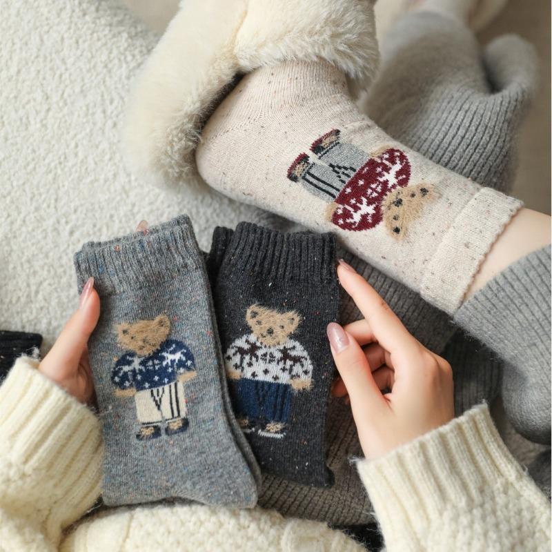 Thick Wool Mid-calf Socks for Autumn and Winter, Retro Dot Yarn, Fluffy Little Bear Long Socks, Warm and Cute Cartoon Trendy Socks