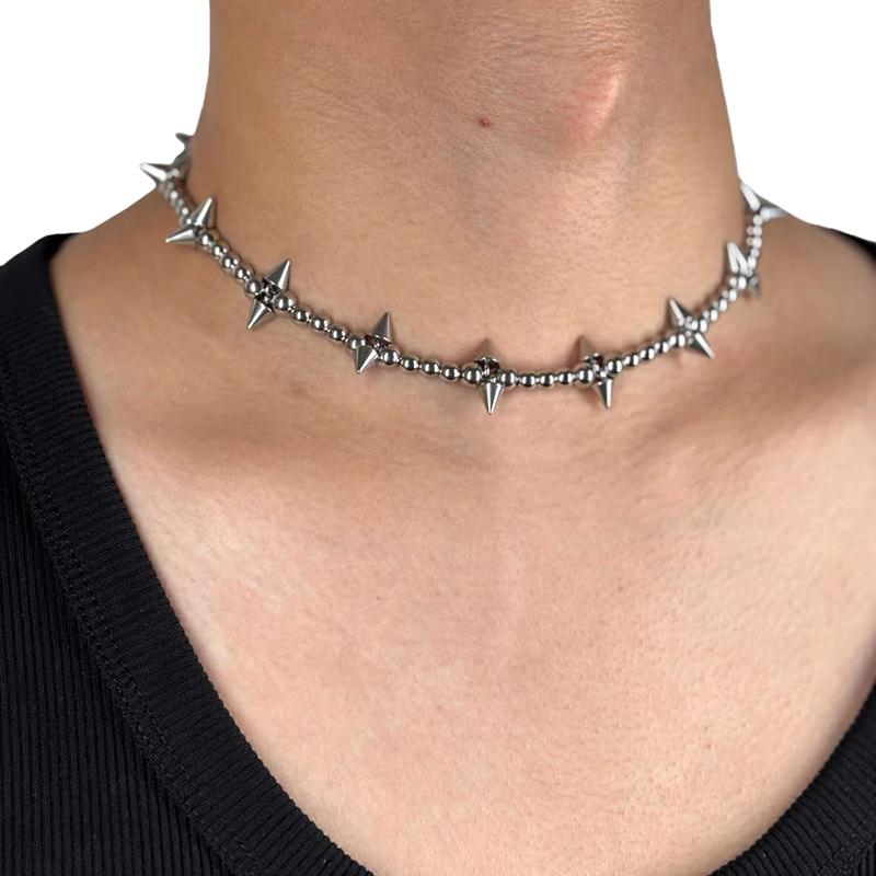 Fashion Punk Spike Chokers Necklaces Goth Metal Bead Cross Rivet Necklace Titanium Steel Link Chain Rock Night Club Jewelry