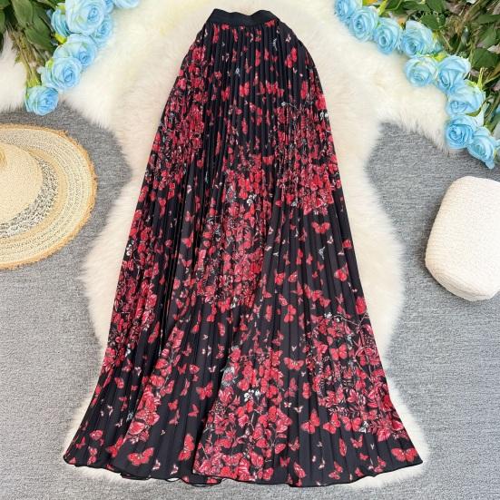 Fustă Lungă Stil Retro Talie Înaltă Elastică Fustă Pliată Imprimată cu Fluturi Tiv Larg Fustă din Material Respirabil Purtare Zilnică