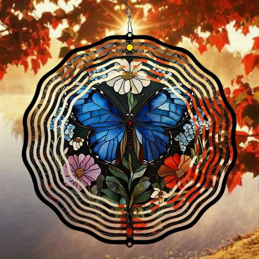 Blauer Schmetterling Floral Metall Windspiel Außengartendekor Rotierend Windbetrieben Kein Strom Naturfreunde Geschenk Terrasse Hof Dekoration