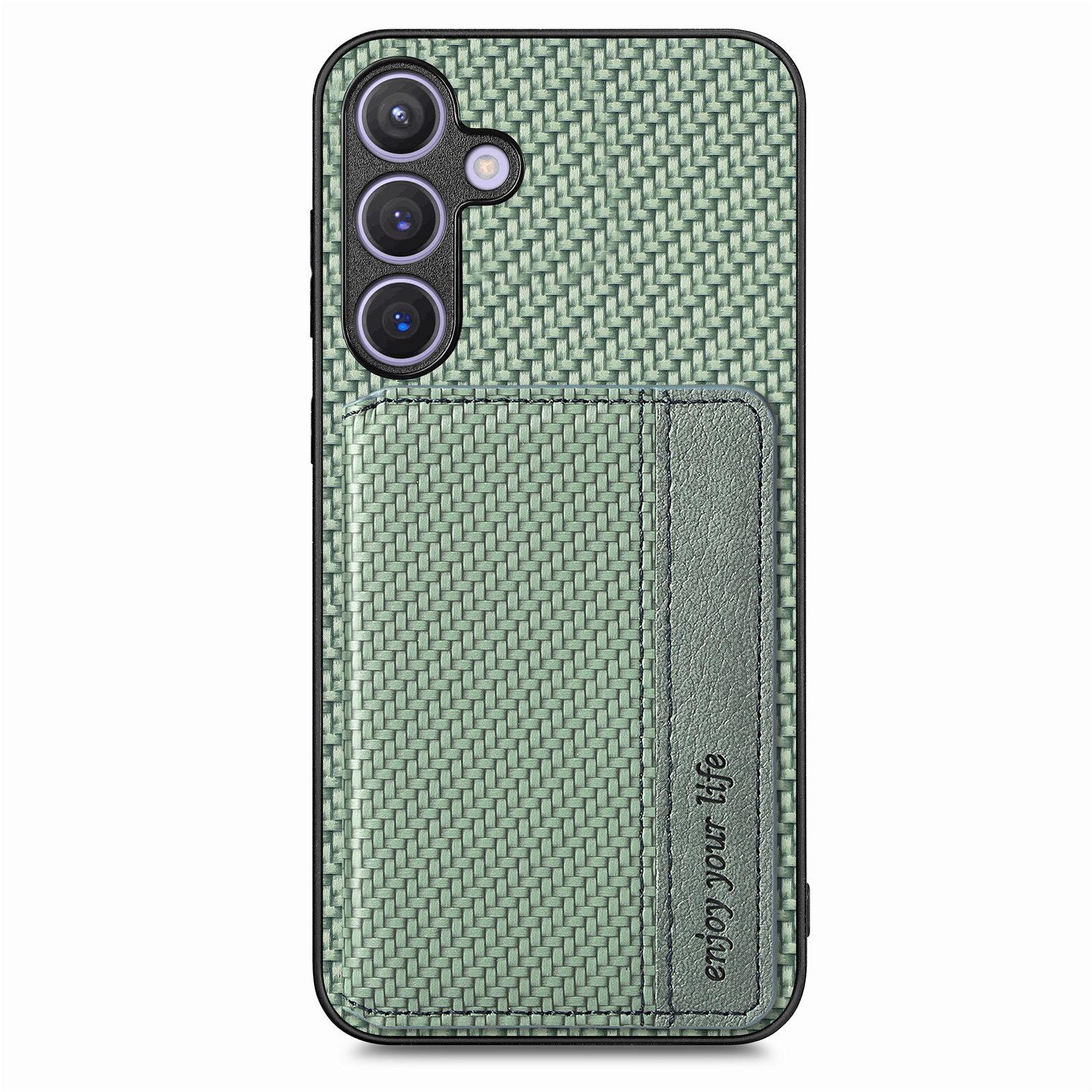 

For Samsung Galaxy S25+ Case RFID Blocking Carbon Fiber Leather Phone Back Cover with Card Holder Green