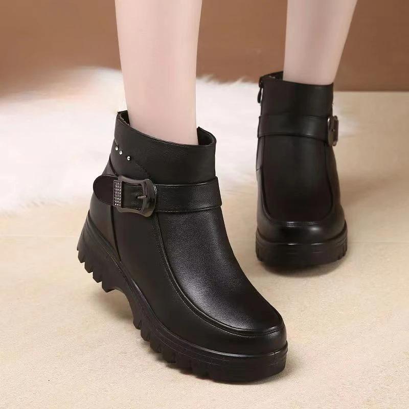 2024 Winter New Leather Boots Woman's Gaobang Flat Bottom Shoes Trend Warm Cotton Shoes Soft Bottom Non-slip Wool Women Boots