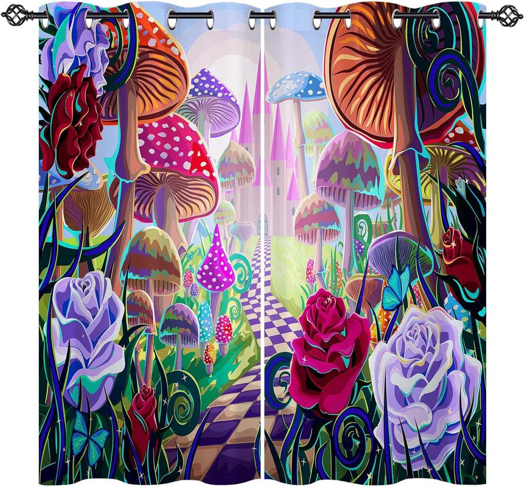 3D Colorful Psychedelic Mushroom World Design Curtains, Blackout Curtains for Living Room Home Decor, Window Drapes,2 Panels
