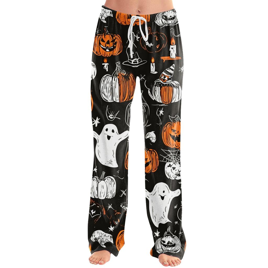 Women's Drawstring Waist Halloween Printed Long Pants Relaxed Fit Casual Trousers with Festive Pumpkin Bat Pattern