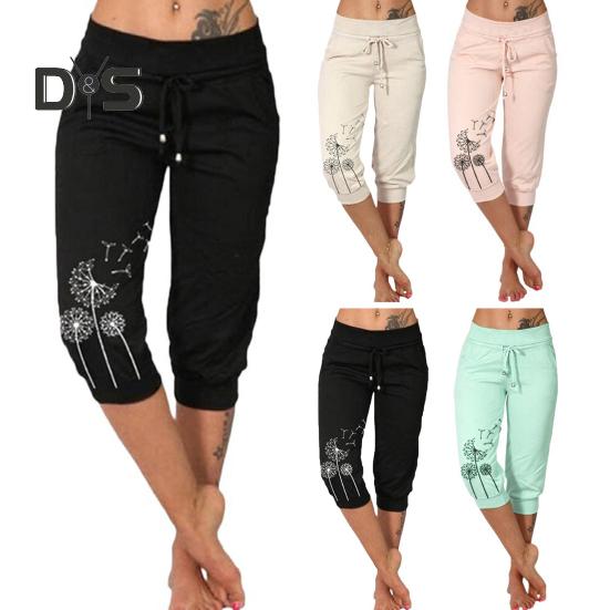 Kvinner Cropped Bukser Snøring Midje Sommer Harem Bukser Løvetanntrykk Uformelle sporty bukser med lomme for kvinner