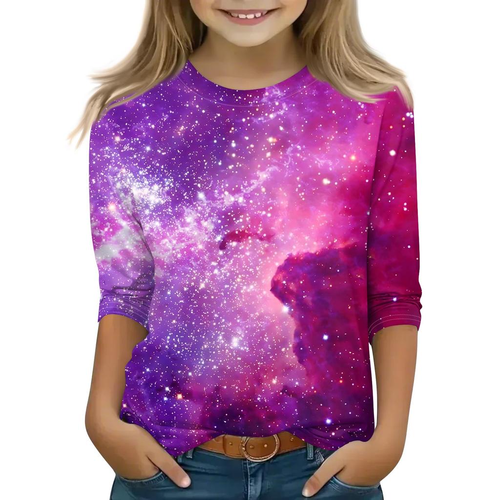 Bedruckte Oberteile für junge Mädchen von 5–16 Jahren, Rundhalsausschnitt, 3/4-Ärmel, T-Shirts, trendige Oberteile, Outfit-T-Shirts