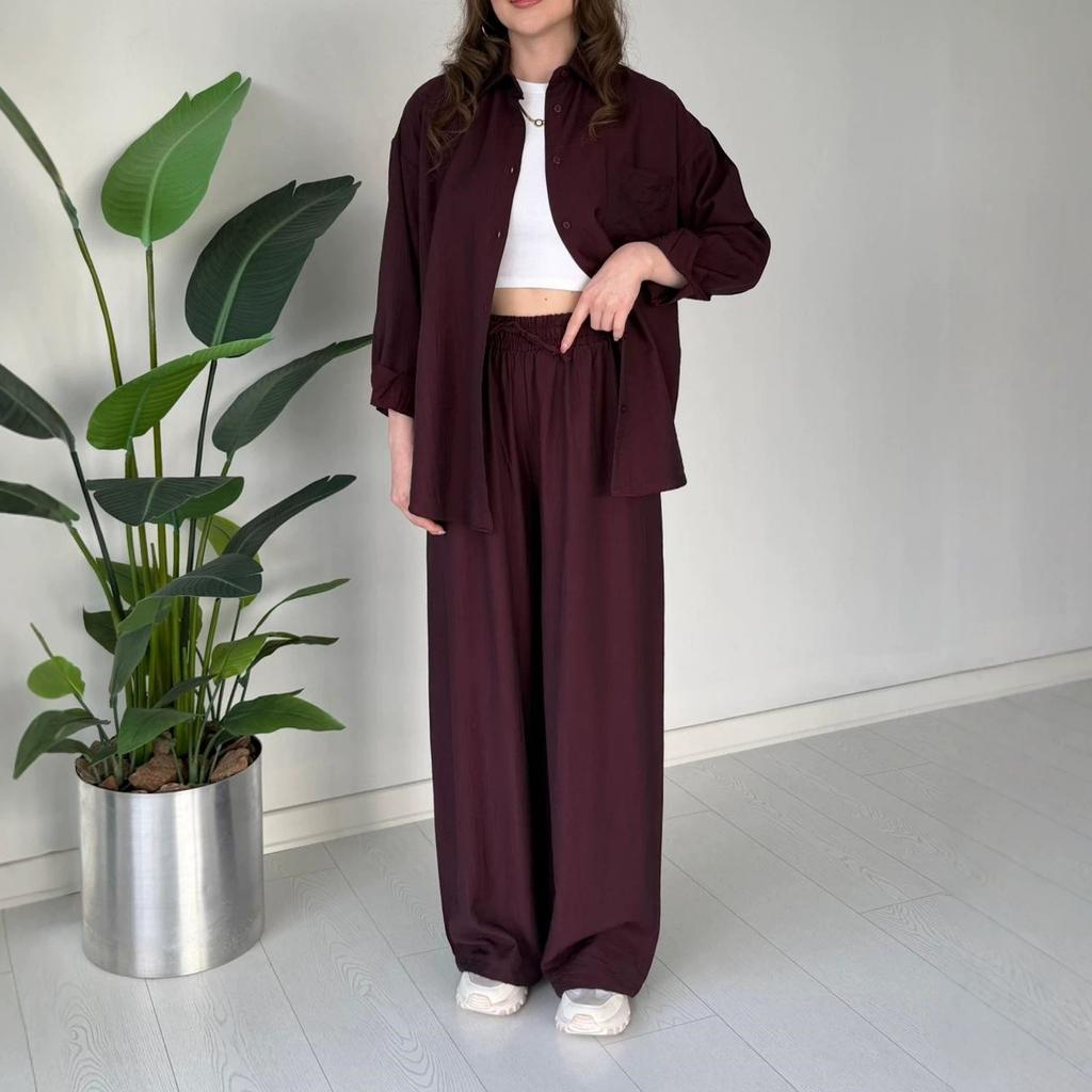 European and American women's clothing new daily casual style long-sleeved button-up shirt drawstring wide-leg pants set