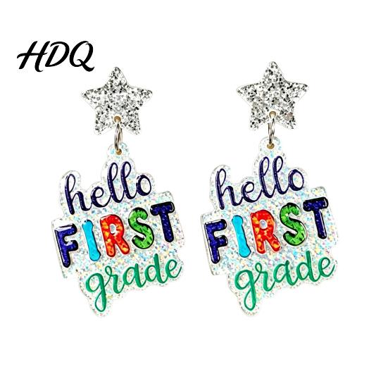 Fashionable Holiday Earrings 1 Pair Colorful Acrylic Letter Drop Dangle for Women Glitter Funny First Retro Style Jewelry Day of School Earring,
