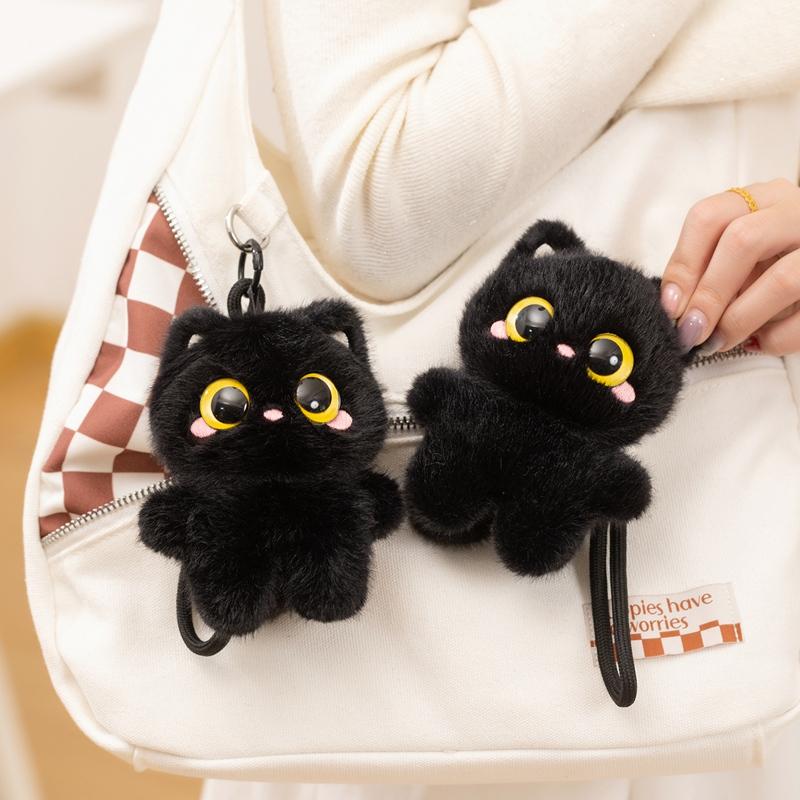 12Cm Black Cat Plush Keychain Squeezable Sound Shoulder Bag Decor Doll Car Pendant Cute Toy Gift For Kids