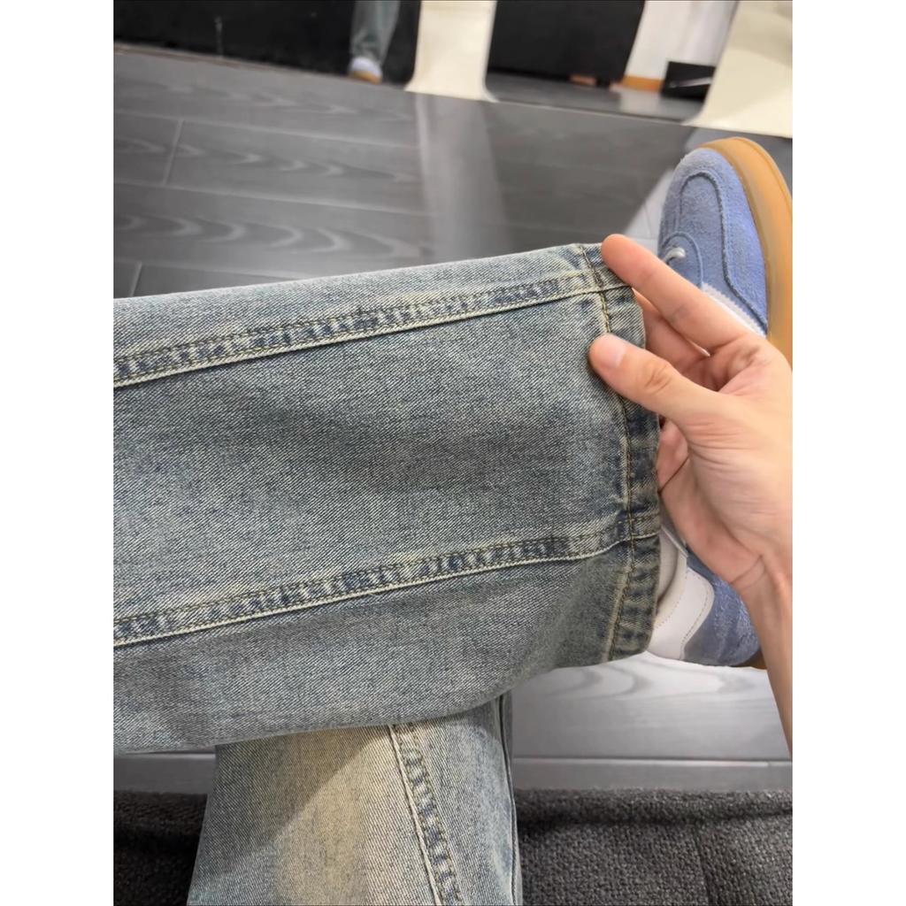 Vintage Blue Miter Tooling Jeans Men's American High Street Vibe Legs Long Pants Straight Slim-fitting Micro-pull Pants