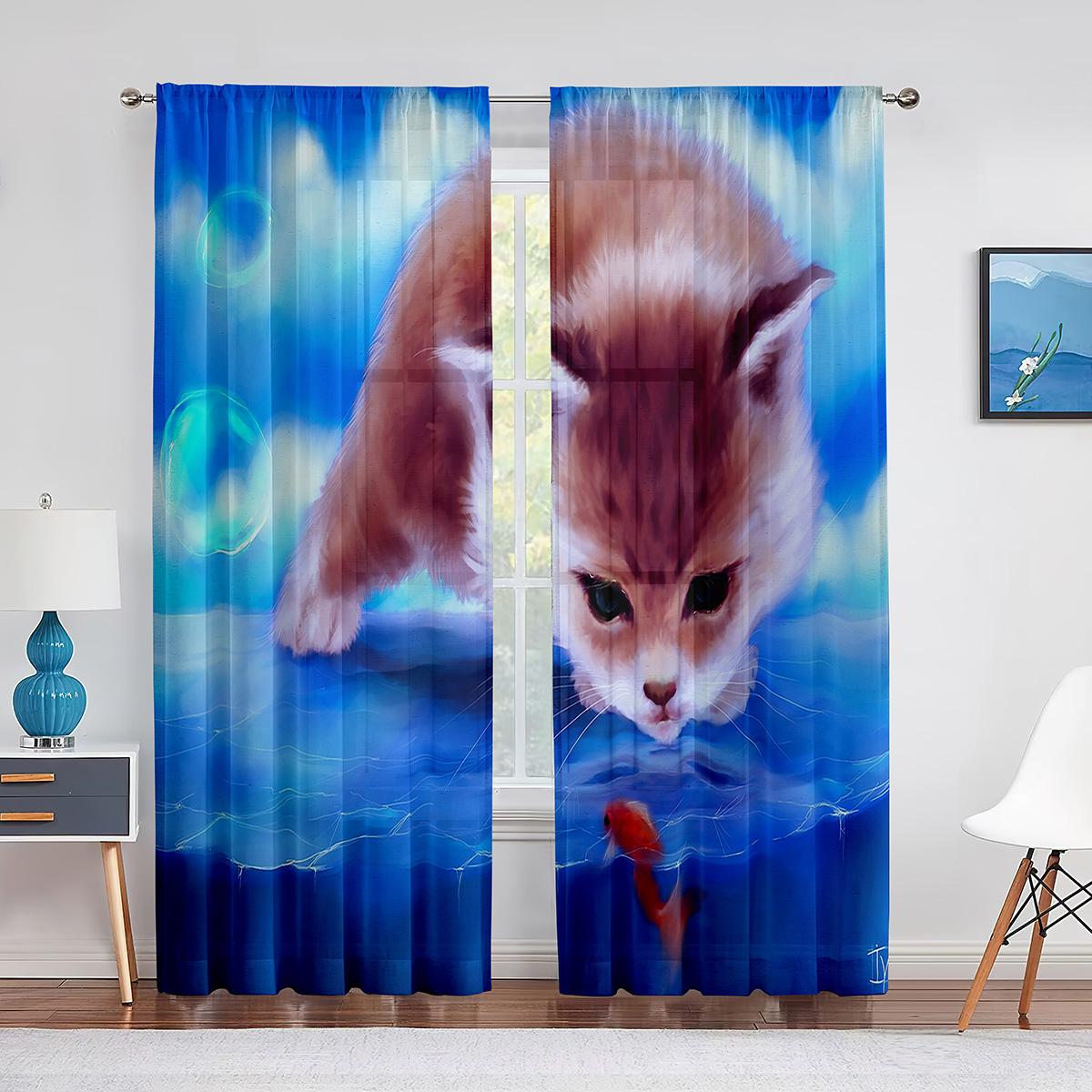 Милый Кот Золотая Рыбка Фэнтези Арт Красочные Тюлевые Шторы для Домашнего Декора Окна — фото 4