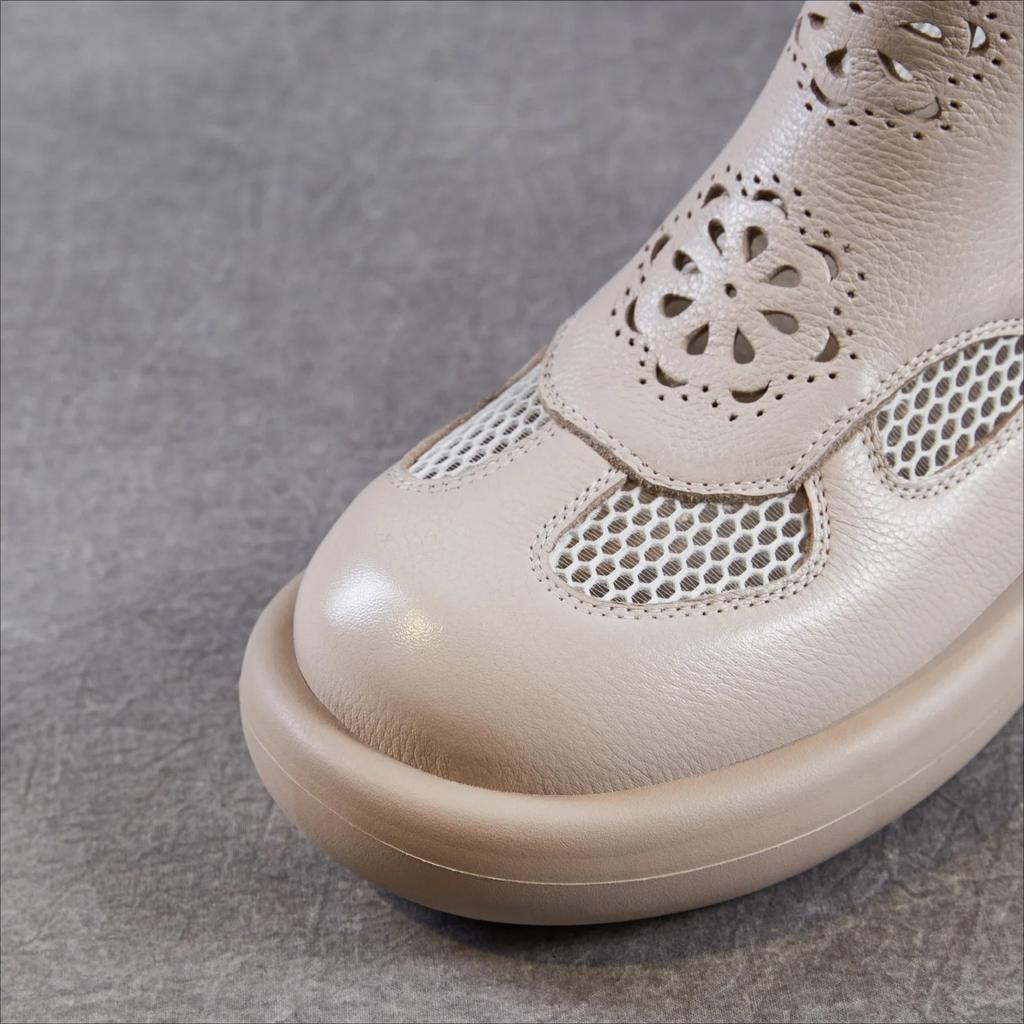 Johnature Genuine Leather Thick Soled Roman Women's Summer Boots Hollow-out Breathable Casual Mesh Short Boots