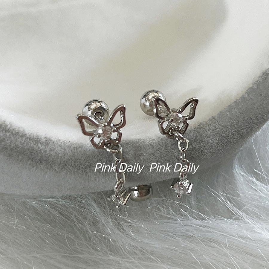 Pink Bow Tassel Zircon Ear Cuff Earrings, s925 Sterling Silver Conch Studs