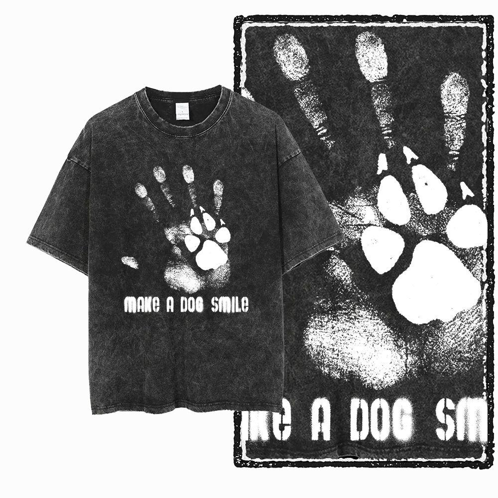 Big Size Dog Graphic Unique Washed Distressed Cotton Unisexs Retro Streetwear TShirt G