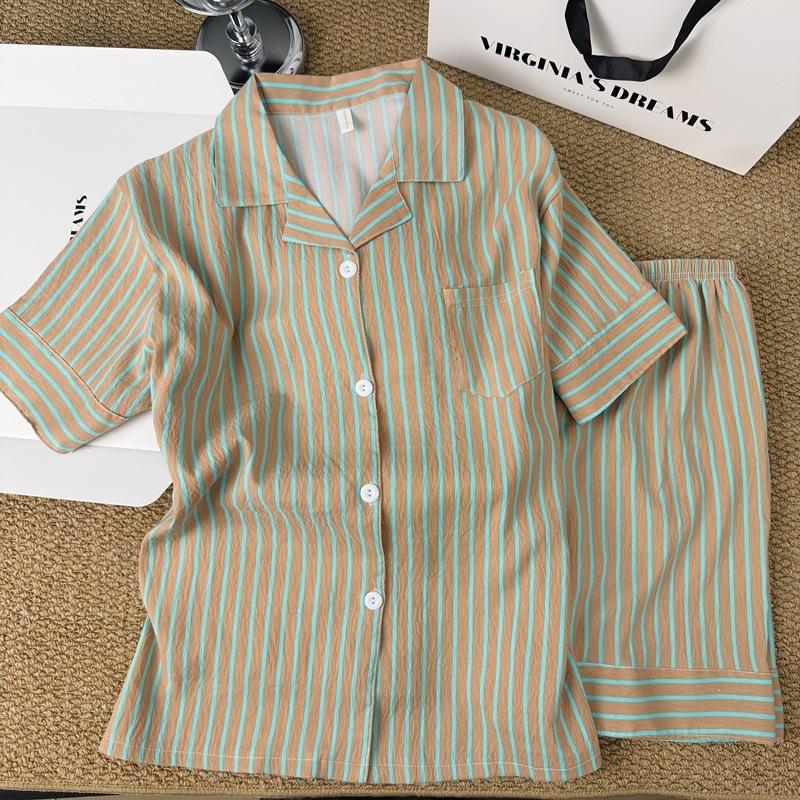 Korean simple contrasting striped pajamas women's new summer loose lazy short-sleeved shorts loungewear two-piece set