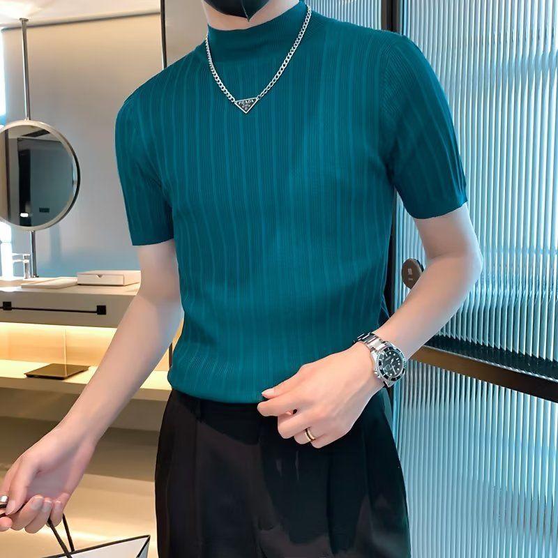 Korean Half High Collar Pullovers Summer Solid Color All-match Men's Clothing Slim Short Sleeve Stylish Casual Knitted T-shirts