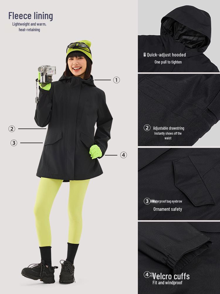 Women's Mid-Length Windproof Waterproof Shell Jacket - Autumn/Winter Outdoor Exploration, Waist-Cinched, Plus Velvet, Single-Layer.