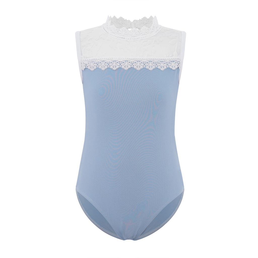 Girls Gymnastics Bodysuit Delicate Lace Collar Sheer Mesh Patchwork Design Sleeveless Leotard