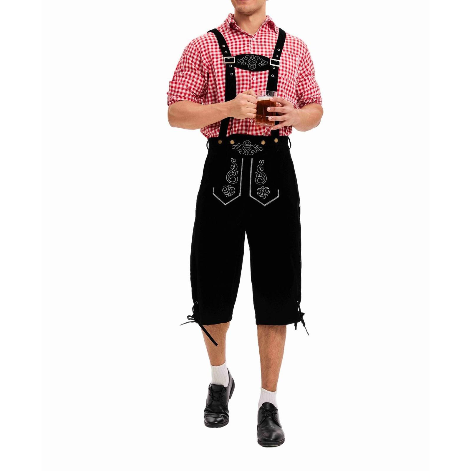 

Мужской баварский костюм для Октоберфеста - клетчатая рубашка и брюки с подтяжками, фестивальный набор для вечеринки L чёрный