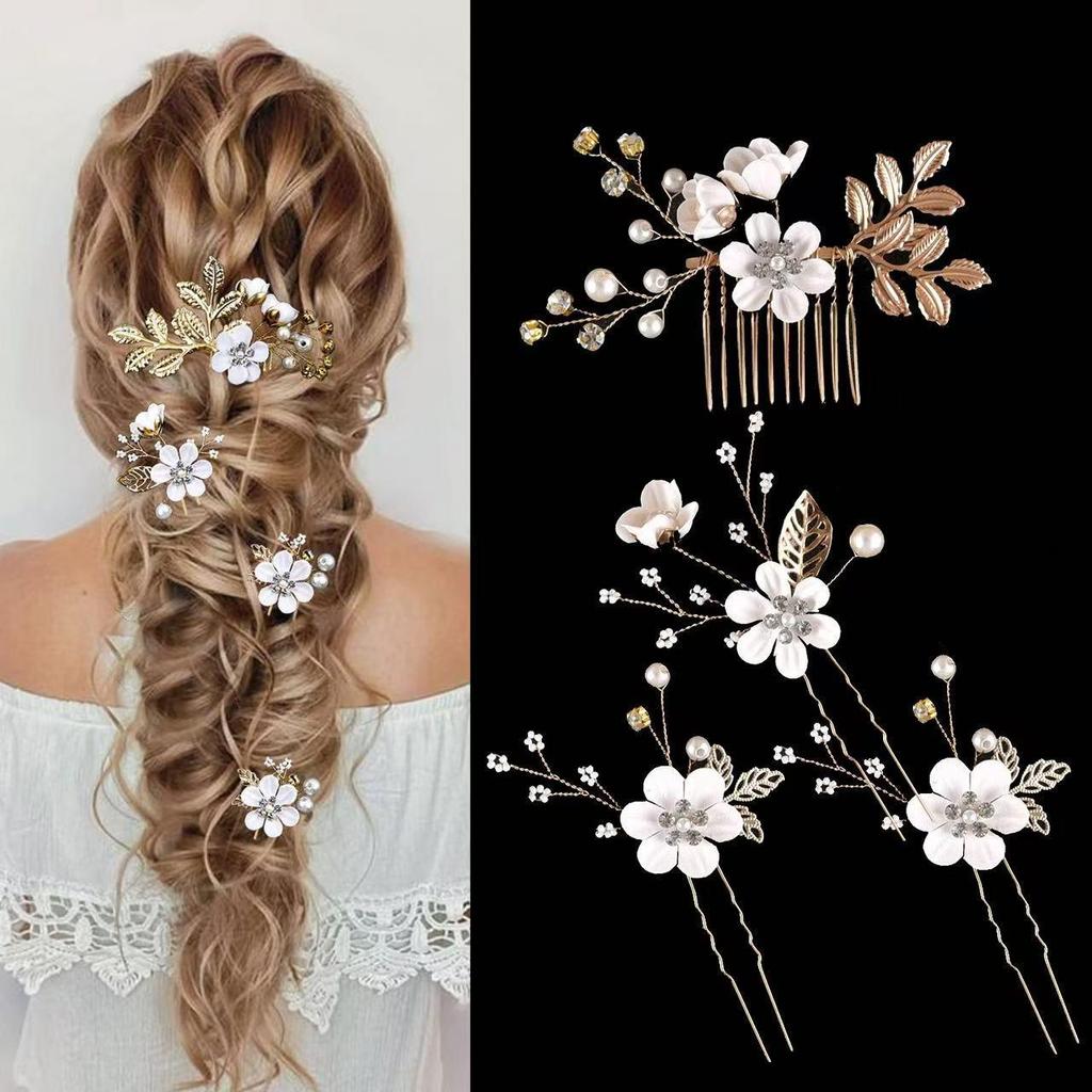 Gold Bridal Headwear: Handmade Pearl Hair Accessories Set