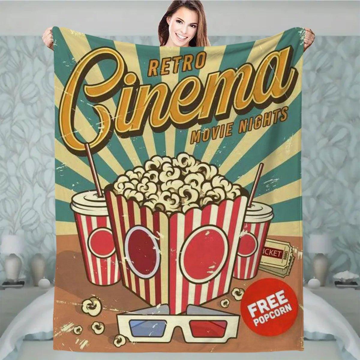 

Retro Cinema Popcorn Flannel Blanket Soft Cozy AllSeason Couch Bed Movie Night Gift 75x100cm (30x40inch)