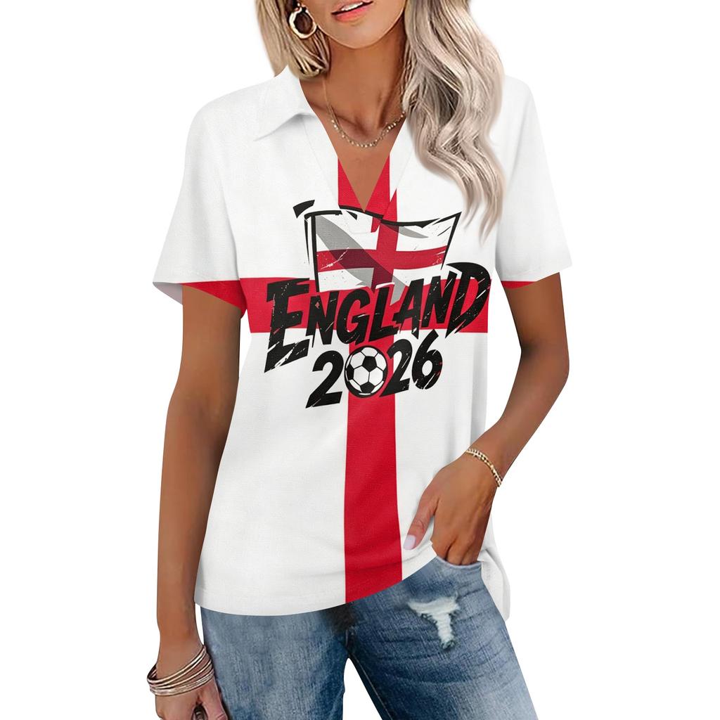 Damen Freizeit V-Ausschnitt Kurzarm Poloshirt mit Fußball-Print und Kragendesign Leichtes Sommeroberteil für den Alltag
