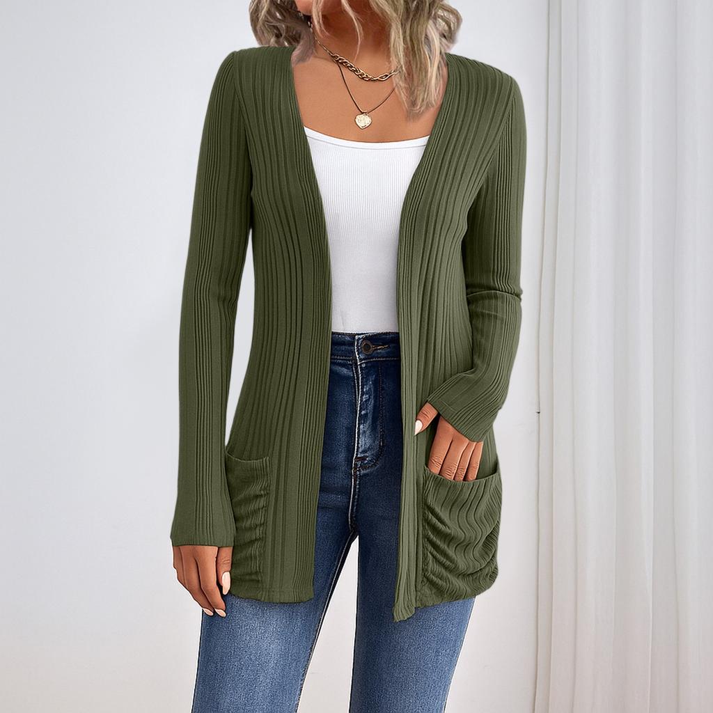 Women's Long Sleeved Solid Color Medium Length Knitted Cardigan Pocket Jacket Sweater Knitted Sweater