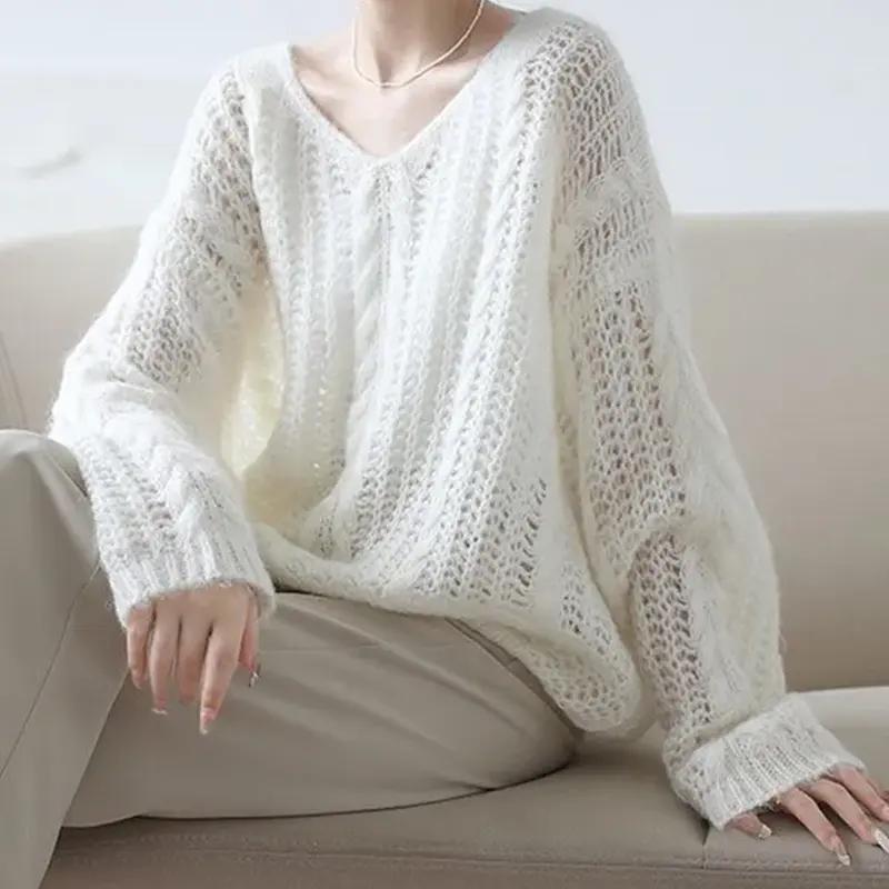 Sweater Pullovers Tops Women Long Sleeves Autumn Oversized Hollow-out V-Neck Loose Long Sleeve Pullover Tops