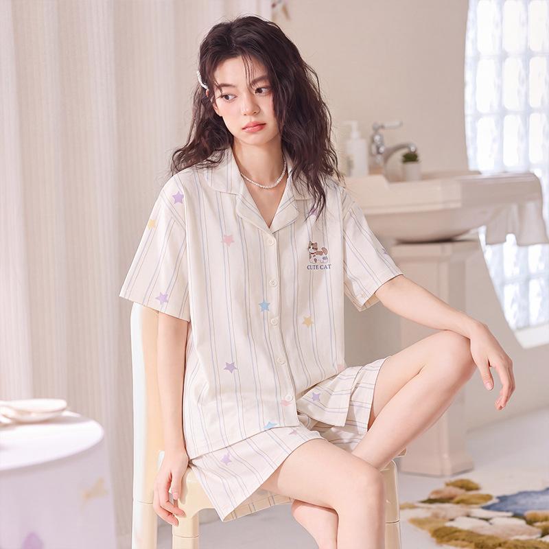 Women's short-sleeved pure cotton pajamas summer new cartoon cute loungewear can be worn outside women's striped shorts set