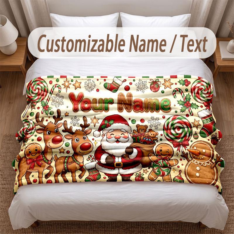 Christmas Theme Soft Blanket Personalized Custom Name Text Print Warm Blanket Home Sofa Bedroom Decor