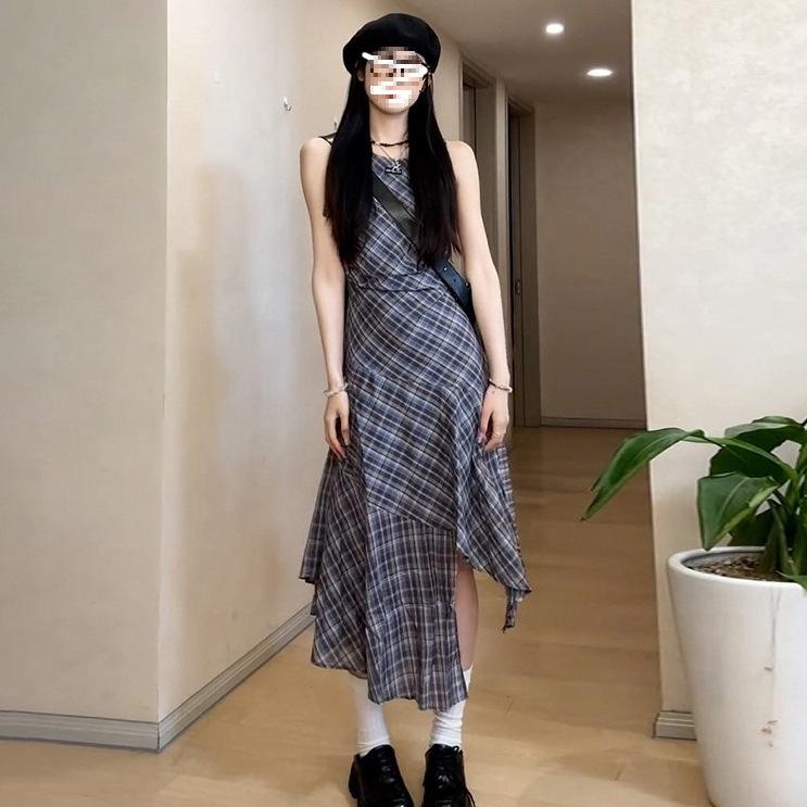 Women's Summer Plaid Vest Dress - American Street Style, Niche Design, Mid-Length Irregular Skirt