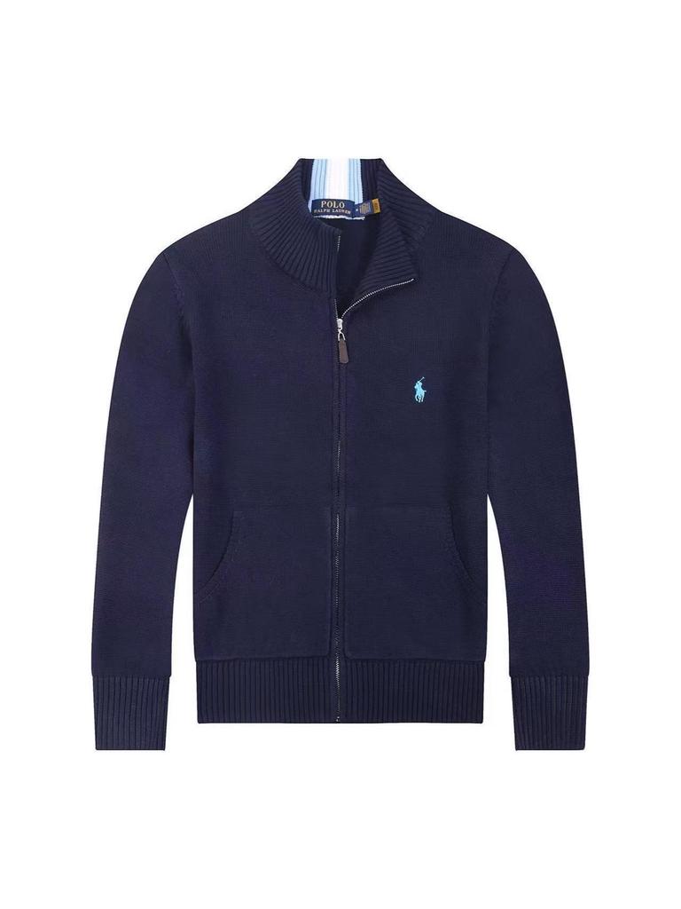 Men's Slim Fit Stand Collar Cardigan Sweater with Small Horse Logo - Spring & Autumn Long Sleeve Knitwear