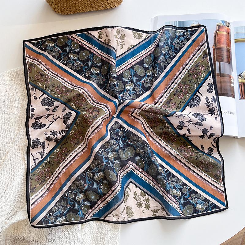 New versatile silk cotton square scarf retro literary navy blue silk cotton silk scarf Korean version blue mulberry silk cotton scarf 53cm